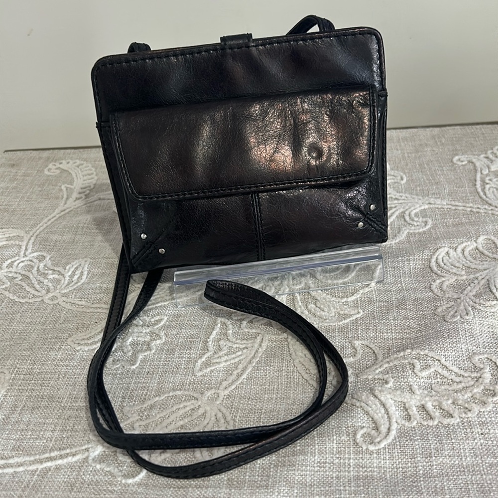Hobo Bronze Black Leather Slim Crossbody With Front Wallet Compartment